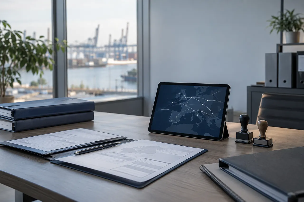Carpetas de documentación y una tablet con un mapa de rutas sobre la mesa de una oficina de tráfico.