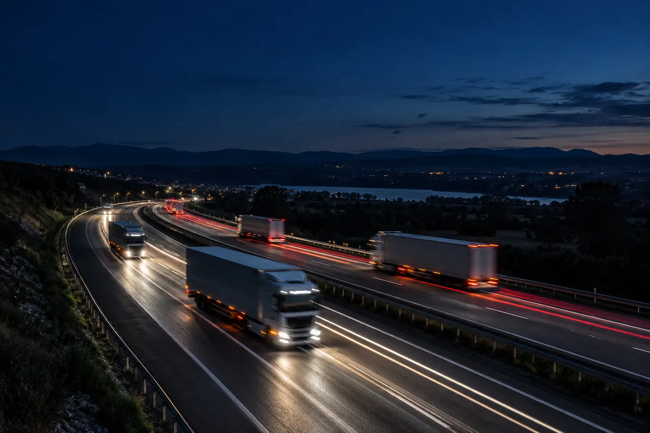 Tráfico pesado de noche: las luces de los camiones dejan estelas sobre la autopista.