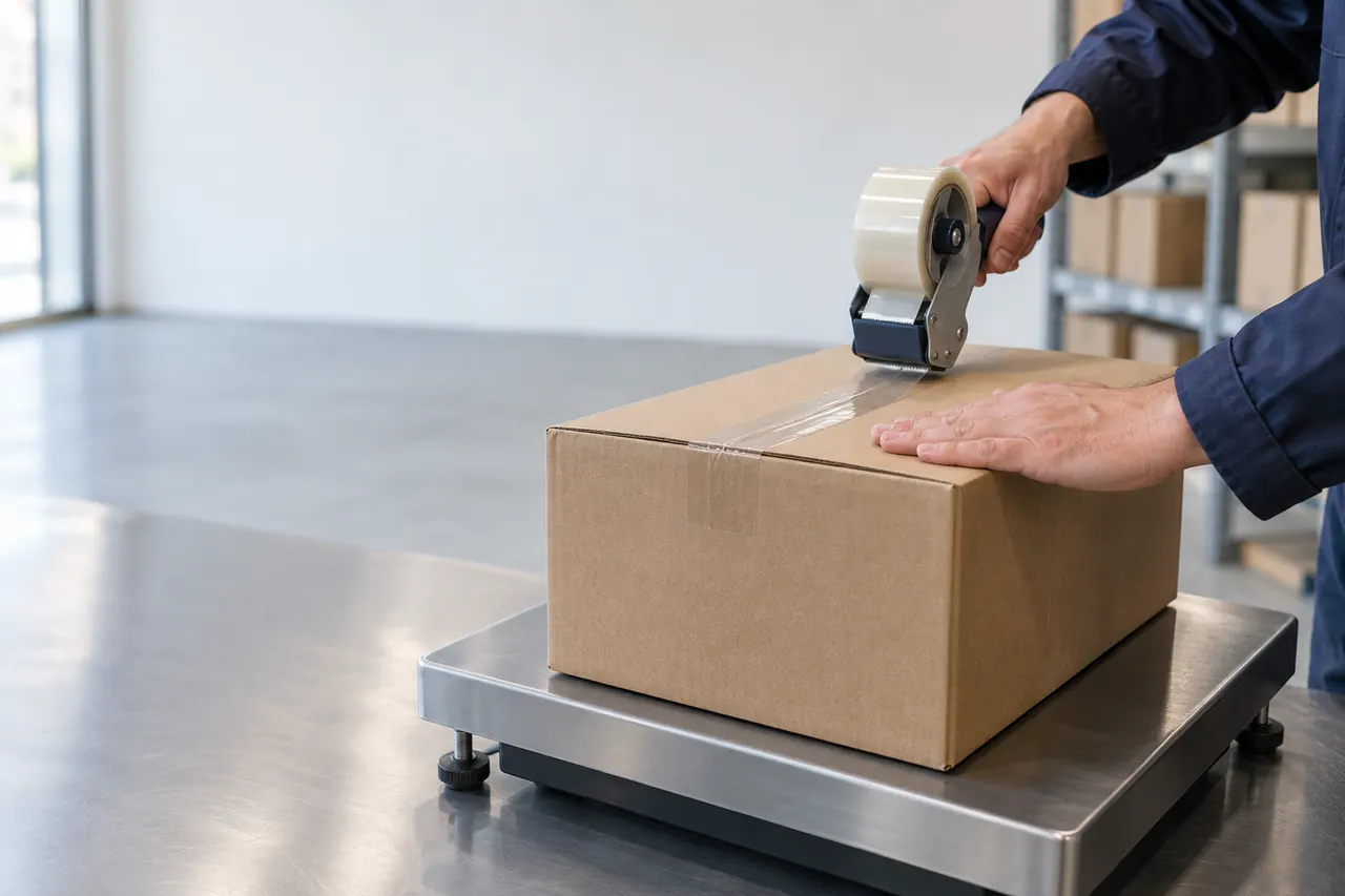 Unas manos cierran con cinta una caja de cartón sobre la báscula antes de enviarla.