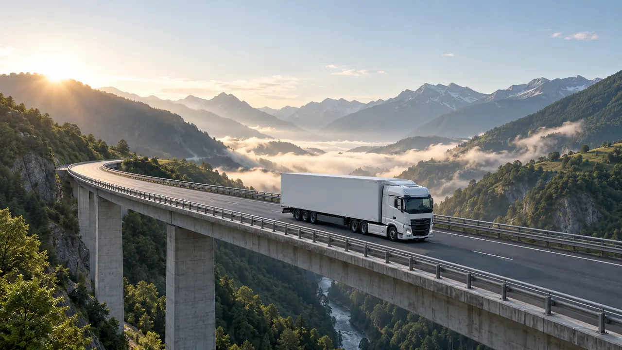 Un camión articulado cruza un viaducto entre montañas con niebla baja, camino de un largo trayecto por Europa.